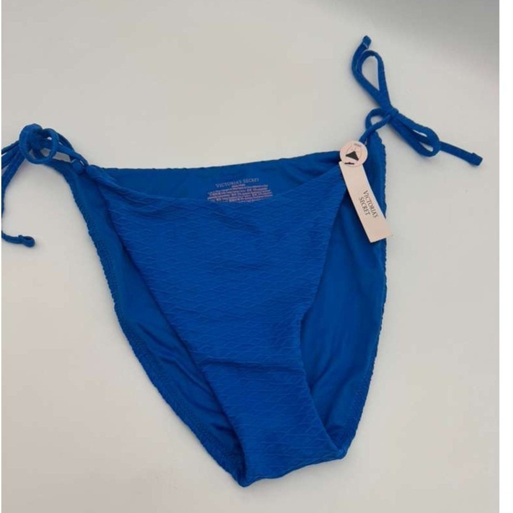 Victoria's Secret Tie Side Bikini Bottom Blue Textured Size L Swim Bottom NWT - Picture 3 of 5